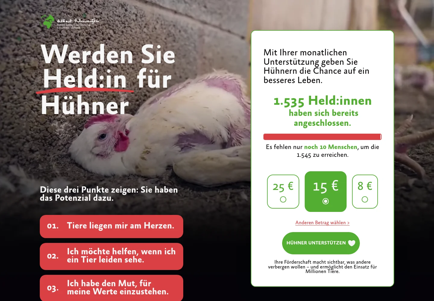 German Helden für Hühner campaign website with monthly donation options