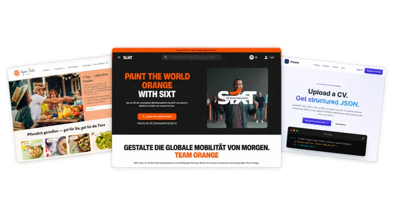 Portfolio with SIXT Jobs in the centre, Vegan Taste Week on the left and CVLens on the right
