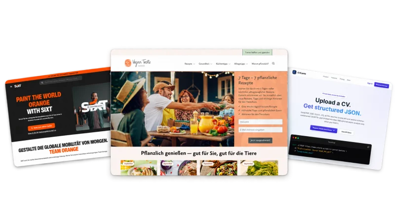 Portfolio with Vegan Taste Week in the centre, SIXT Jobs on the left and CVLens on the right